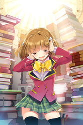  black_thighhighs blazer blush book book_focus book_stack book_tower bow bowtie brown_hair cherrypin closed_eyes covering_own_ears female frustrated jacket library long_sleeves lowres lucca_(sword_girls) plaid plaid_skirt school school_uniform short_hair skirt solo sword_girls tears thighhighs too_many too_many_books zettai_ryouiki 