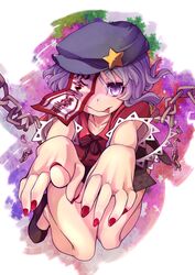  :p bare_legs chains collarbone commentary_request female foreshortening hands hat hat_ornament highres jiangshi miyako_yoshika nail_polish ofuda outstretched_arms purple_eyes purple_hair sacha short_hair solo star_(symbol) star_hat_ornament tongue tongue_out touhou zombie_pose 