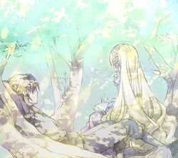  1boy bad_id bad_pixiv_id book branch female from_behind gosick hair_over_eyes headband in_tree kujou_kazuya lolita_fashion long_hair lying pale_color profile reading shade sunlight tame tree victorica_de_blois 