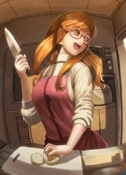  :d abazu-red apron blunt_bangs brown_eyes cabinet casual commentary cooking cutting_board door female fisheye girls_und_panzer glasses highres holding holding_knife indoors kitchen kitchen_knife knife long_hair looking_away looking_to_the_side microwave open_mouth orange_eyes orange_hair potato red-framed_eyewear red_apron ribbed_sweater rice_cooker round_teeth santoku_knife semi-rimless_eyewear sleeves_pushed_up smile solo standing sweater takebe_saori teeth turtleneck turtleneck_sweater twitter_username under-rim_eyewear upper_body white_sweater 