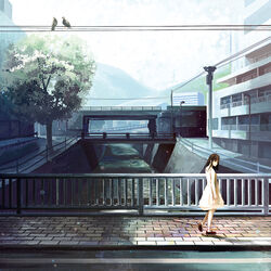  bad_id bad_pixiv_id bird bridge brown_eyes canal city dress female gemi kobe long_hair mountain original outdoors photoshop_(medium) pigeon power_lines real_world_location red_footwear river scenery shoes solo sundress tree walking water white_dress 