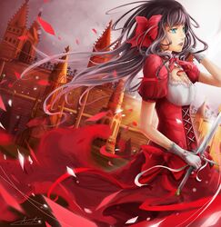  aionlights black_hair blue_eyes bow breasts cityscape cleavage cowboy_shot dress gloves hairbow kudou_asuka mondaiji-tachi_ga_isekai_kara_kuru_sou_desu_yo? petals red red_dress signature small_breasts solo sword weapon 