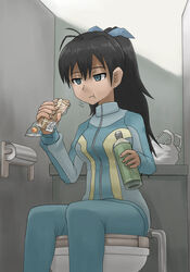  :t antenna_hair aqua_eyes bag bathroom black_hair bottle bread commentary_request depressed eating empty_eyes female food ganaha_hibiki grocery_bag hair_ribbon holding holding_bottle holding_food idolmaster idolmaster_(classic) indoors jacket lonely long_hair long_sleeves neri_gozu pants ponytail ribbon shopping_bag sitting solo toilet toilet_paper track_jacket track_pants track_suit tsurime 