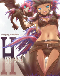  arm_behind_back armlet armor belt belt_skirt bikini_armor bird blonde_hair blue_eyes breasts bright_hypnocatrice bright_hypnocatrice_(armor) cleavage commentary_request feathers female gloves headdress long_hair looking_down medium_breasts midriff monster_hunter_(series) monster_hunter_frontier multiple_belts navel open_mouth photoshop_(medium) text_focus tsukigami_chronica wings 