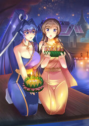  2girls :d alternate_costume architecture bare_shoulders blush breasts candle cleavage commentary_request haganef highres jewelry kneeling kratong large_breasts long_hair loy_kratong mitsurugi_meiya multiple_girls muv-luv necklace night night_sky open_mouth photoshop_(medium) river sabai sash sky smile stairs star_(sky) starry_sky takamura_yui thai_clothes thailand 