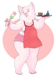  anthro apron beverage canid canine clothing female food hi_res mammal obese obese_anthro obese_female open_mouth overweight overweight_anthro overweight_female simple_background solo standing tweedabop 