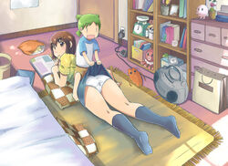  2girls 4040_(abonriya) ass assisted_exposure ayase_fuuka azumanga_daiou bob_cut brown_hair chips_(food) clothes_lift commentary_request eating food green_hair indoors koiwai_yotsuba legs lolicon looking_back lying mihama_chiyo&#039;s_father miniskirt multiple_girls octopus on_stomach open_mouth panties potato_chips quad_tails raglan_sleeves sitting sitting_on_person skirt skirt_lift socks stuffed_toy thick_eyebrows trefoil underwear white_panties yotsubato! 