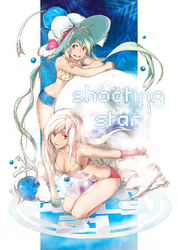  2girls bad_id bad_pixiv_id ball bikini breasts cleavage green_hair hat long_hair medium_breasts meer_rowe multiple_girls original photoshop_(medium) polka_dot polka_dot_bikini polka_dot_swimsuit red_eyes seiza short_shorts shorts sitting smile swimsuit very_long_hair white_hair 