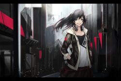  black_hair blue_eyes city headphones long_hair original polychromatic skirt yucca-612 