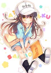  bag baseball_cap blush boots brown_hair commentary eyebrows_visible_through_hat female flag hat hataraku_saibou highres kindergarten_uniform long_hair messenger_bag platelet_(hataraku_saibou) senmen_kinuko shorts shoulder_bag solo yellow_eyes 