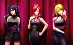  3girls ayase_eli black_gloves blonde_hair blue_hair bon_nob breasts closed_mouth commentary_request dress elbow_gloves gloves large_breasts long_hair looking_at_viewer love_live! love_live!_school_idol_project multiple_girls nishikino_maki one_eye_closed purple_eyes skirt smile soldier_game sonoda_umi standing white_gloves 