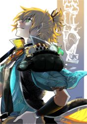  1boy animal animal_on_shoulder backlighting bad_id bad_twitter_id commentary_request green_eyes half_updo hands_on_own_hips japanese_clothes kamekichi looking_up male_focus orange_hair pogatyb smile solo touken_ranbu turtle twitter_username urashima_kotetsu urashima_kotetsu_(kiwame) 