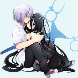  1boy absurdly_long_hair black_hair blue_eyes commentary_request dansai_bunri_no_crime_edge female haimura_kiri hair_between_eyes hair_spread_out holding long_hair mushanokouji_iwai photoshop_(medium) school_uniform scissors shoes silver_hair sitting sneakers soranagi thighhighs very_long_hair yellow_eyes 