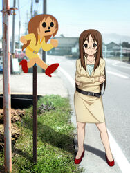  brown_eyes brown_hair commentary_request crossed_arms female glasses k-on! long_hair no_legwear photo_background photoshop_(medium) ryunnu tobidashi-bouya yamanaka_sawako 