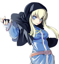  belt belt_buckle black_cape black_gloves blonde_hair blue_dress blue_eyes breasts brown_belt buckle cape commentary_request dress female fingerless_gloves fingernails genderswap_(mtf) gloves goeniko goenitz habit hair_between_eyes hood hooded_cape kurasuke long_hair looking_at_viewer looking_to_the_side m.u.g.e.n medium_breasts midnight_bliss nun parted_lips photoshop_(medium) rule_63 simple_background smile snk solo svc_chaos the_king_of_fighters the_king_of_fighters_&#039;96 white_background 