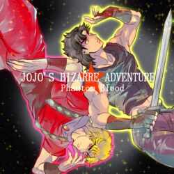  2boys black_hair blonde_hair commentary_request dio_brando fingerless_gloves gloves green_eyes highres jojo_no_kimyou_na_bouken jonathan_joestar luck_and_pluck male_focus multiple_boys phantom_blood sakuma_yona sword weapon 