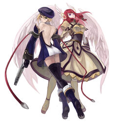  2girls angel_wings armor armored_dress bad_id bad_pixiv_id bare_shoulders black_thighhighs blazblue blonde_hair blue_eyes blue_footwear bolverk boots commentary_request detached_sleeves dress elbow_gloves gloves green_eyes gun handgun hat head_wings long_hair looking_back multiple_girls noel_vermillion photoshop_(medium) red_hair short_dress short_hair sidelocks simple_background soojie_roh thighhighs tsubaki_yayoi weapon wings 