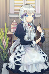  apron blue_eyes dress female indoors lowres maid serenade_(sinohi) solo sword_girls twintails white_hair 