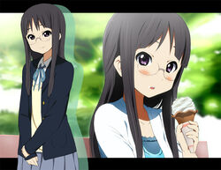  black_eyes black_hair blazer blush commentary_request extra female food glasses ice_cream jacket k-on! kakiuchi_itsuki letterboxed long_hair purple_eyes sakuragaoka_high_school_uniform school_uniform smile solo takahashi_fuuko 