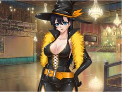  belt black_hair blue_eyes breasts cleavage dress earrings elbow_gloves female fuuma_tokiko gloves halloween hand_on_hip hat jewelry kagami kagami_hirotaka large_breasts lilith-soft long_hair open_mouth scarf side_slit solo taimanin_asagi taimanin_asagi_battle_arena tokiko witch witch_hat 