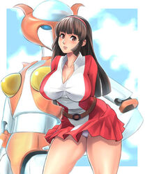  1970s_(style) aphrodai_a blush breasts brown_hair collarbone dress female hairband hero_(do-belman) jpeg_artifacts large_breasts leaning_forward legs long_hair mazinger_(series) mazinger_z mecha panties pantyshot retro_artstyle robot shirt smile super_robot taut_clothes taut_shirt thighs underwear white_panties yumi_sayaka 