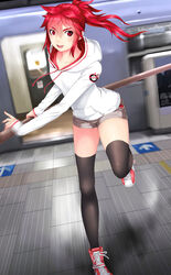  ayase_tamaki black_legwear black_thighhighs bokken collarbone female hood hoodie leg_up long_hair long_sleeves looking_at_viewer open_mouth original ponytail red_eyes red_hair sleeves_past_wrists smile solo sword thighhighs train wooden_sword 