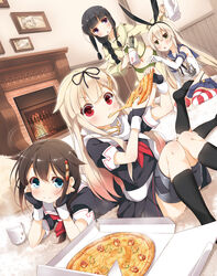  4girls ahoge anchor_hair_ornament bare_shoulders black_bow black_gloves black_panties black_serafuku black_skirt blonde_hair blue_eyes blue_skirt blunt_bangs blush bow braid brown_hair commentary_request crop_top cup dutch_angle eating elbow_gloves fairy_(kancolle) fingerless_gloves fireplace food gloves green_eyes hair_between_eyes hair_flaps hair_ornament hair_ribbon hairband hairbow hairclip head_rest highleg highleg_panties highres kantai_collection kitakami_(kancolle) kneehighs knees_together_feet_apart long_hair long_sleeves looking_at_viewer lying midriff mug multiple_girls neckerchief no_shoes on_stomach panties picture_frame pizza pleated_skirt puffy_short_sleeves puffy_sleeves red_eyes red_neckerchief remodel_(kantai_collection) ribbon ryuusei_(kancolle) sailor_collar scarf school_uniform serafuku shigure_(kancolle) shimakaze_(kancolle) short_sleeves single_braid sitting skirt socks striped_clothes striped_thighhighs teapot tenzan_(kancolle) thighhighs torpedo triangle_mouth underwear white_gloves white_scarf yume_no_owari yuudachi_(kancolle) 