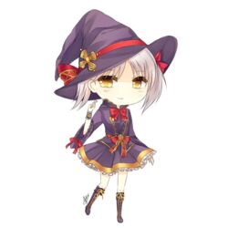  boots borrowed_character cecilia_(acerailgun) chibi commentary commission dress english_commentary female full_body hat original shouu-kun signature smile solo transparent_background twintails white_hair witch witch_hat wrist_cuffs yellow_eyes 