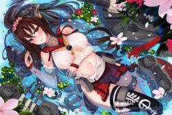  anchor black_thighhighs blush breasts brown_hair commentary_request detached_sleeves female flower kantai_collection large_breasts long_hair lying_on_water machinery navel ponytail red_eyes sekigan shirt single_thighhigh skirt solo thighhighs torn_clothes torn_shirt turret yamato_(kancolle) 