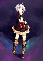  absurdres boots borrowed_character bow cecilia_(acerailgun) commentary commission dress english_commentary female full_body fuyuki_yuki heterochromia highres original shadow solo standing twintails white_hair witch wrist_cuffs yellow_eyes 