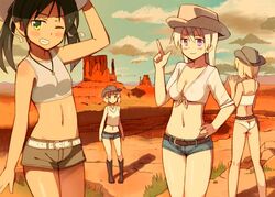  4girls alternate_costume ass belt blonde_hair blush breasts buckle camisole cleavage cloud commentary_request covered_nipples cowboy_hat cowboy_western crop_top eila_ilmatar_juutilainen erica_hartmann finger_gun francesca_lucchini front-tie_top glastonbury1966 grass green_eyes green_hair grey_hair grin hair_ribbon hat jewelry long_hair medium_breasts mesa midriff multiple_girls navel necklace one_eye_closed outdoors panties photoshop_(medium) purple_eyes ribbon sanya_v._litvyak see-through shiny_skin shirt short_hair short_shorts shorts sky small_breasts smile strike_witches tied_shirt twintails underwear world_witches_series 