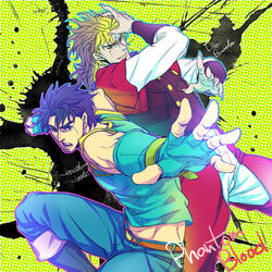  2boys blonde_hair blue_eyes blue_hair character_name commentary_request dio_brando fingerless_gloves gloves jojo_no_kimyou_na_bouken jonathan_joestar kijinkutsu multiple_boys phantom_blood 