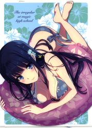  absurdres barefoot bikini black_hair blue_bikini blue_eyes breasts cleavage copyright_name female floral_print hair_between_breasts highres ikawa_waki innertube large_breasts long_hair looking_at_viewer lying mahouka_koukou_no_rettousei official_art on_stomach shiba_miyuki shiny_skin smile solo swim_ring swimsuit transparent wet 