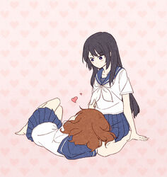  2girls barefoot black_eyes black_hair blue_skirt blush brown_hair collarbone commentary_request heart heart_background hibike!_euphonium kousaka_reina lap_pillow long_hair looking_at_another looking_down lying multiple_girls on_back oumae_kumiko photoshop_(medium) pleated_skirt pulling sanada_(tony2035176) school_uniform seiza shirt short_sleeves sitting skirt white_shirt yuri 