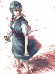  a10 ayanami_rei bandages blue_hair female glasses holding holding_removed_eyewear neon_genesis_evangelion petals red_eyes ribbon school_uniform short_hair short_sleeves solo standing tegaki unworn_eyewear wind 