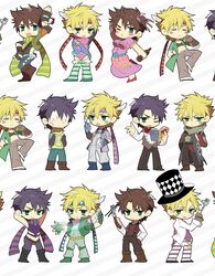  2boys aged_down alternate_costume blonde_hair bow bowtie brown_hair bubble caesar_anthonio_zeppeli checkered_clothes checkered_headwear chibi cloak dress facial_mark food fork formal green_eyes hat jacket jojo_no_kimyou_na_bouken joseph_joestar joseph_joestar_(tequila) joseph_joestar_(young) leotard male_focus midriff multiple_boys official_alternate_costume pants pasta purple_hair red_bow red_bowtie scarf standing striped_background striped_clothes striped_pants striped_scarf suit suspenders top_hat traditional_bowtie variations wet yuzuru_(xxelysionxx) 