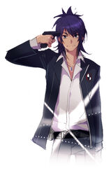  1boy bad_id bad_pixiv_id black_eyes blue_hair evoker gun gun_to_head holding holding_gun holding_weapon male_focus meer_rowe official_alternate_costume parody persona persona_3 photoshop_(medium) school_uniform solo tales_of_(series) tales_of_vesperia weapon yuri_lowell yuri_lowell_(reliable_senior) 