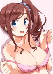  bad_id bad_pixiv_id bare_shoulders blue_eyes blush bra breasts brown_hair cleavage collarbone female high_school_fleet highres ise_sakura kapatarou long_hair looking_at_viewer medium_breasts pink_background pink_bra pulling_own_clothes side_ponytail simple_background solo strap_pull swept_bangs tareme underwear underwear_only undressing upper_body wavy_mouth 