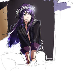  1boy bad_id bad_pixiv_id black_eyes head_wreath long_hair male_focus meer_rowe photoshop_(medium) purple_hair solo tales_of_(series) tales_of_vesperia unfinished yuri_lowell 