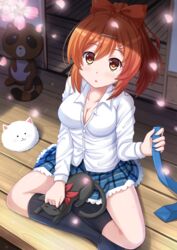  :o angora_rabbit black_cat black_socks blush bow breasts brown_eyes cherry_blossoms cleavage collarbone commentary_request feline female gekkan_shoujo_nozaki-kun girlfriend_(kari) gochuumon_wa_usagi_desu_ka? hairbow highres indian_style kazenokaze kneehighs large_breasts looking_at_viewer necktie nichijou no_shoes orange_hair petals ponytail porch rabbit sakamoto_(nichijou) sakurai_akane_(girlfriend) school_uniform short_hair sitting skirt socks solo tanuki tippy_(gochiusa) unworn_necktie 