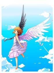  :d angel angel_wings asymmetrical_wings barefoot blonde_hair blue_eyes border borrowed_character cassie_(acerailgun) cloud cloudy_sky commentary commission cyborg dress english_commentary feathered_wings feathers female flying full_body fuyuki_yuki looking_at_viewer mechanical_arms mechanical_wings open_mouth original single_mechanical_arm sky smile solo white_border wings 