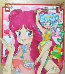  1980s_(style) 2girls bare_legs blue_eyes blue_hair braid china_dress chinese_clothes commentary_request creature double_bun dress dual_persona feline full_body gera_gera_(persia) hair_bun hairband heart long_hair mahou_no_yousei_persia meso_meso_(persia) mikiky multiple_girls persia_(mahou_no_yousei_persia) pink_hair puri_puri_(persia) retro_artstyle shikishi shoes short_hair simba_(persia) smile standing standing_on_one_leg traditional_media twin_braids twintails wand 