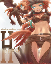  arm_behind_back armlet armor belt belt_skirt bikini_armor bird blue_eyes breasts cleavage commentary_request feathers female gloves green_hair headdress hypnocatrice hypnocatrice_(armor) long_hair looking_down medium_breasts midriff monster_hunter_(character) monster_hunter_(series) monster_hunter_frontier multiple_belts navel open_mouth photoshop_(medium) text_focus tsukigami_chronica wings 