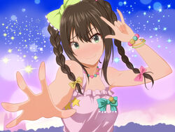  blush bow braids brown_hair green_eyes idolmaster idolmaster_cinderella_girls long_hair necklace shibuya_rin summer_dress takahirokun twintails wristwear 