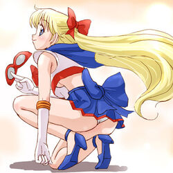  aino_minako ass back_bow bishoujo_senshi_sailor_moon blonde_hair blue_eyes blue_sailor_collar bow breasts codename_wa_sailor_v female full_body hairbow half_updo haruyama_kazunori high_heels legs long_hair looking_at_viewer looking_back lowres magical_girl mask miniskirt on_one_knee panties pleated_skirt red_bow sailor_collar sailor_senshi_uniform sailor_v shoes simple_background skirt small_breasts smile solo strappy_heels thighs underboob underwear very_long_hair white_panties 