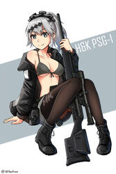  arm_support between_legs bikini bikini_top_only black_footwear black_jacket black_pantyhose breasts character_name cleavage closed_mouth commentary_request female front-tie_bikini_top front-tie_top full_body girls&#039;_frontline grey_eyes grey_hair gun h&amp;k_psg1 hair_between_eyes hair_ribbon heckler_&amp;_koch highres holding holding_gun holding_weapon jacket looking_at_viewer medium_breasts ndtwofives off_shoulder open_clothes open_jacket pantyhose ponytail pouch psg-1_(girls&#039;_frontline) ribbon rifle scope shoes sitting smile sniper_rifle solo swimsuit twitter_username underboob weapon 