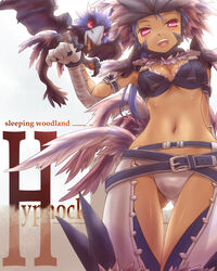  arm_behind_back armlet armor azure_hypnocatrice azure_hypnocatrice_(armor) belt belt_skirt bikini_armor bird blue_hair breasts cleavage commentary_request feathers female gloves headdress long_hair looking_down medium_breasts midriff monster_hunter_(series) monster_hunter_frontier multiple_belts navel open_mouth photoshop_(medium) pink_eyes red_eyes text_focus tsukigami_chronica wings 