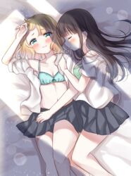  2girls absurdres blonde_hair blue_bra blush bra brown_hair closed_eyes commentary_request cowboy_shot cuddling gochuumon_wa_usagi_desu_ka? green_bra green_eyes highres kirima_syaro lens_flare long_hair lying medium_hair multiple_girls on_back on_bed on_side open_clothes open_shirt pleated_skirt skirt sugutsuka_rerun ujimatsu_chiya underwear yuri 