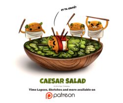  2016 angry anthro beady_eyes bowl caesar_salad clothing container crouton dialogue digital_media_(artwork) digital_painting_(artwork) dot_eyes dying english_text food food_creature gaius_julius_caesar group humor latin_text laurel_wreath lettuce male marcus_junius_brutus open_mouth orange_body patreon patreon_logo piper_thibodeau plant pun salad simple_background stake text toga toothpick translation_request url vegetable visual_pun white_background 