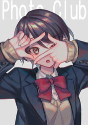  arms_up blue_jacket bow bowtie brown_hair brown_sweater buttons close-up commentary_request d; english_text female finger_frame grey_background highres jacket one_eye_closed open_mouth original pose red_bow red_bowtie school_uniform shirt short_hair simple_background suzaku_(zaku6584) sweater uniform upper_body white_shirt 